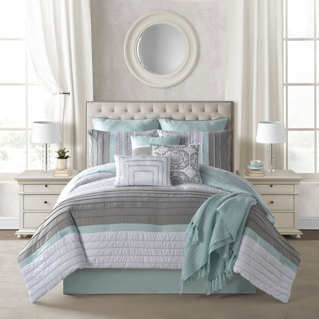 Mia 10 piece comforter set in mint and green with throw, decorative pillows